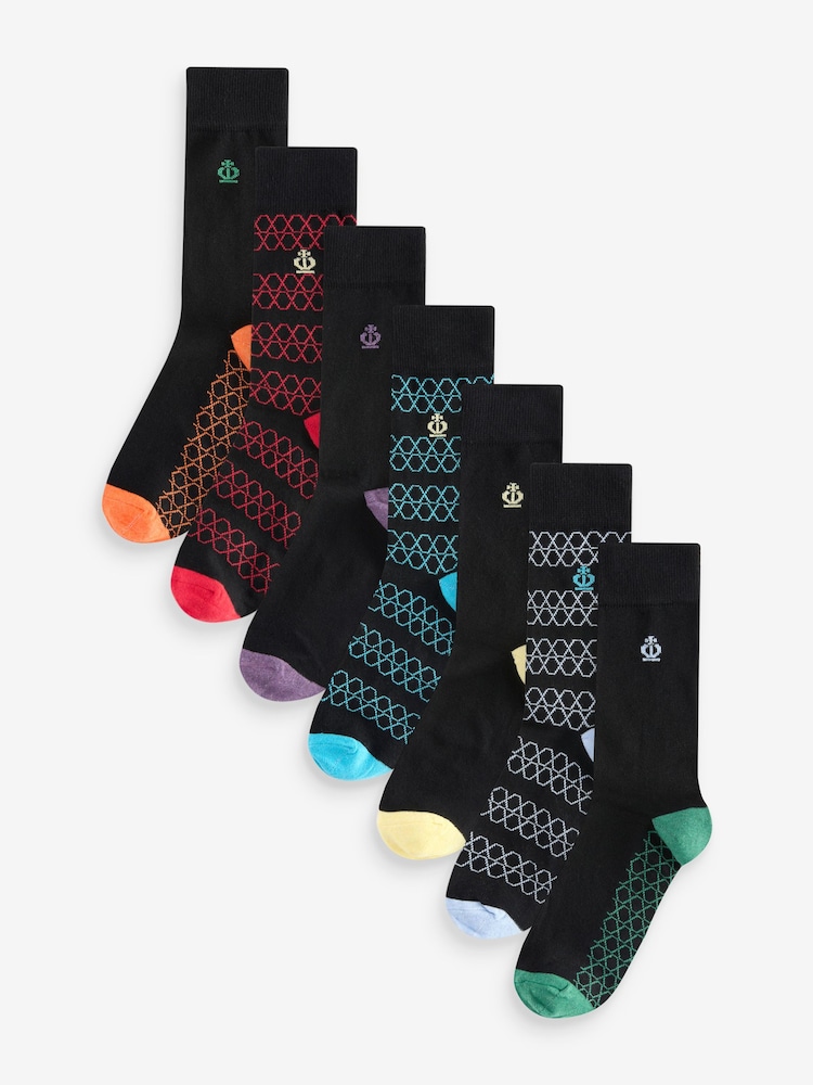 Jeff Banks Black Recycled Cotton Fun Design Crew Socks 7 pack - Image 1 of 8