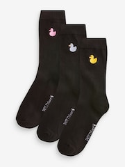 Wild Feet Black Rubber Duck Embroidery Crew Socks 3 Pack - Image 1 of 4