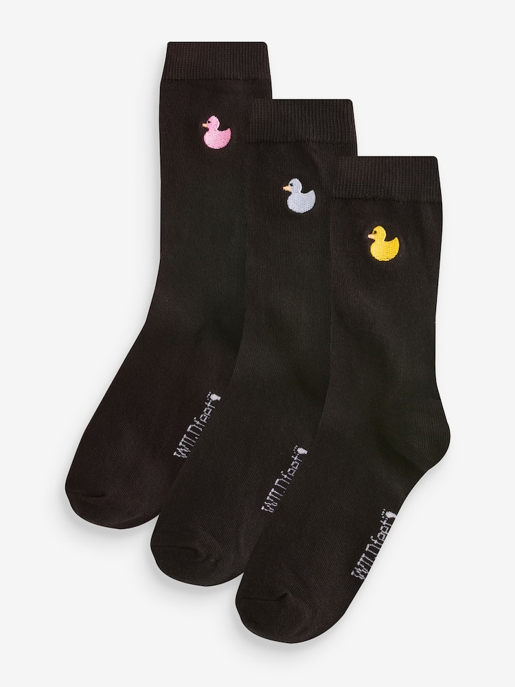 Wild Feet Black Rubber Duck Embroidery Crew Socks 3 Pack - Image 1 of 4
