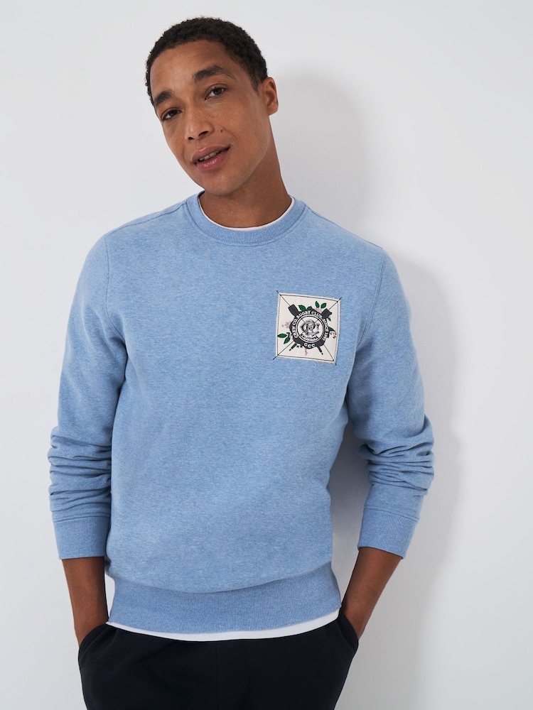 Crew Clothing Blue Yarn Dyed Patch Crew Neck 100% Cotton Sweatshirt - Image 1 of 5