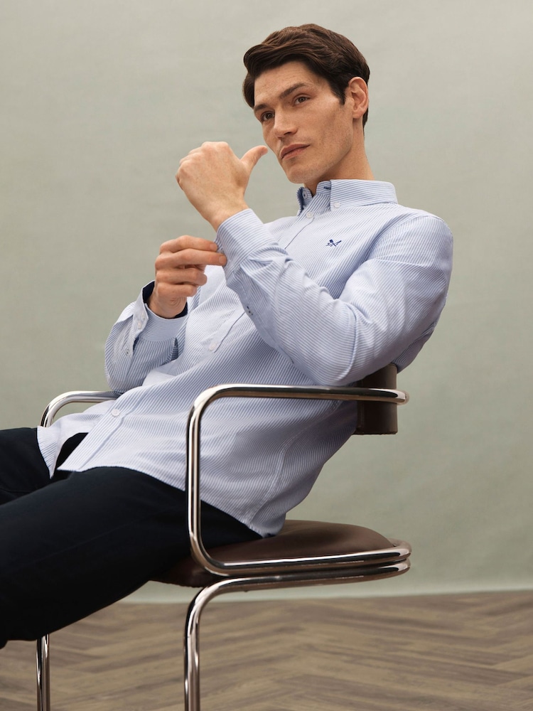 Crew Clothing Company Blue Long Sleeve Pinpoint Stripe Oxford 100% Cotton Shirt - Image 1 of 5