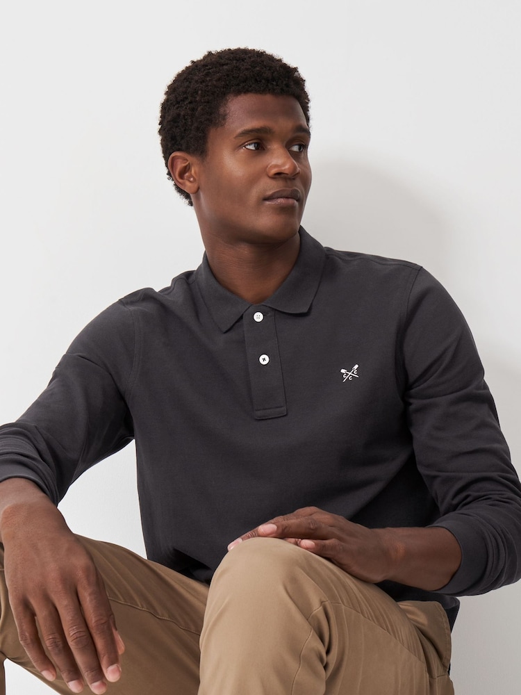 Crew Clothing Grey Long Sleeve 100% Cotton Polo Shirt - Image 1 of 5 Crew Clothing Grey Long Sleeve 100% Cotton Polo Shirt - Image 1 of 5