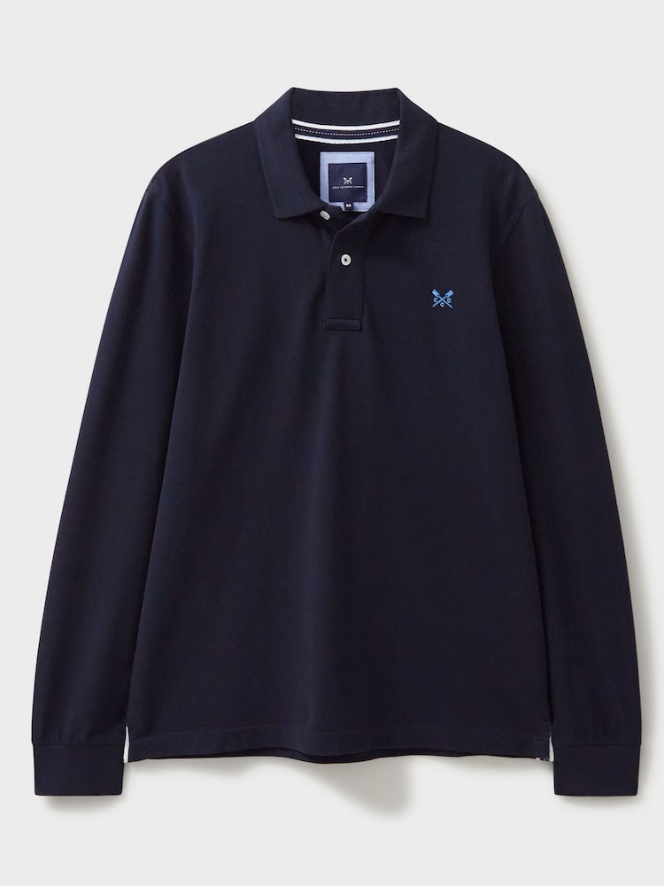Crew Clothing Blue Long Sleeve 100% Cotton Polo Shirt - Image 6 of 6