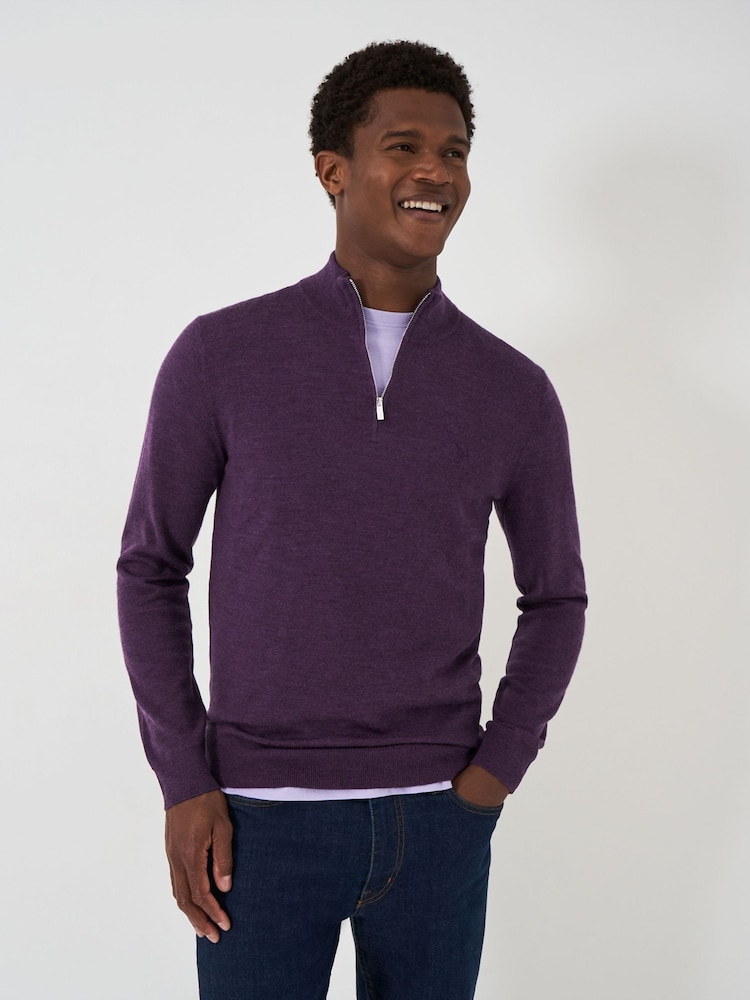 Crew Clothing Company Purple Merino Quarter Zip Knit Jumper - Image 1 of 5