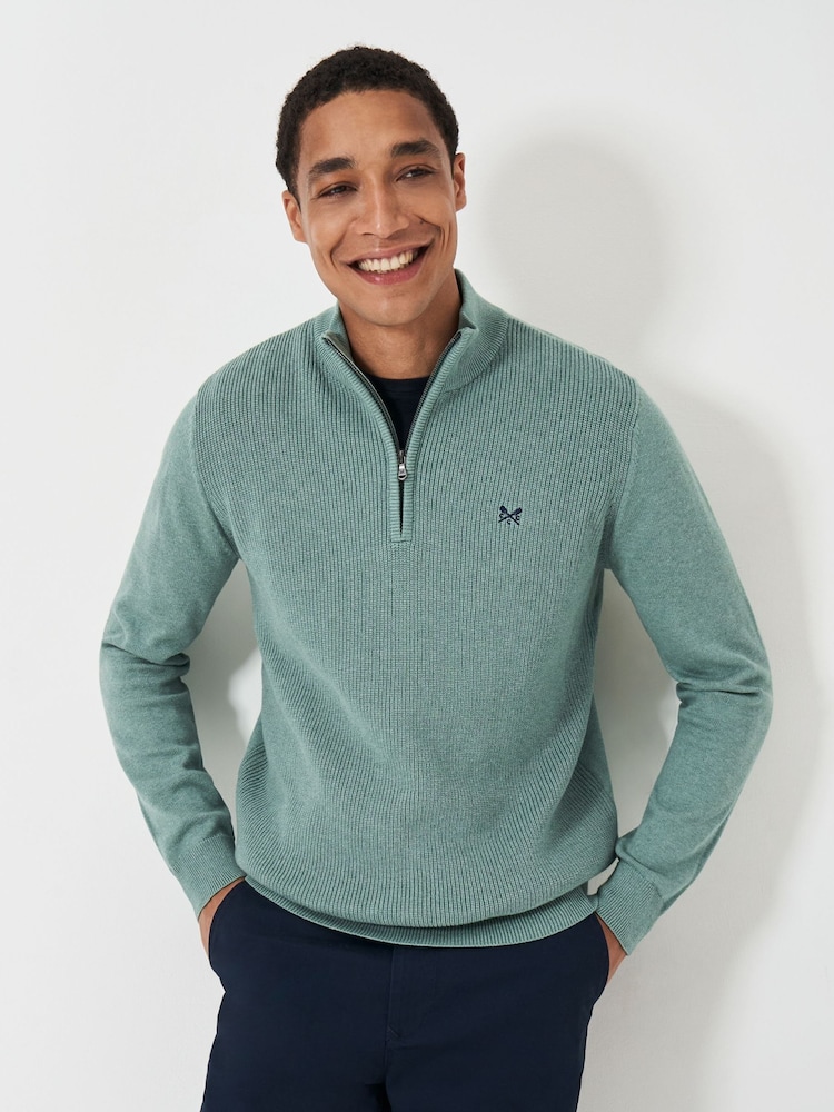 Crew Clothing Company Green Brioche Rib Half Zip Knit 100% Cotton Jumper - Image 1 of 5