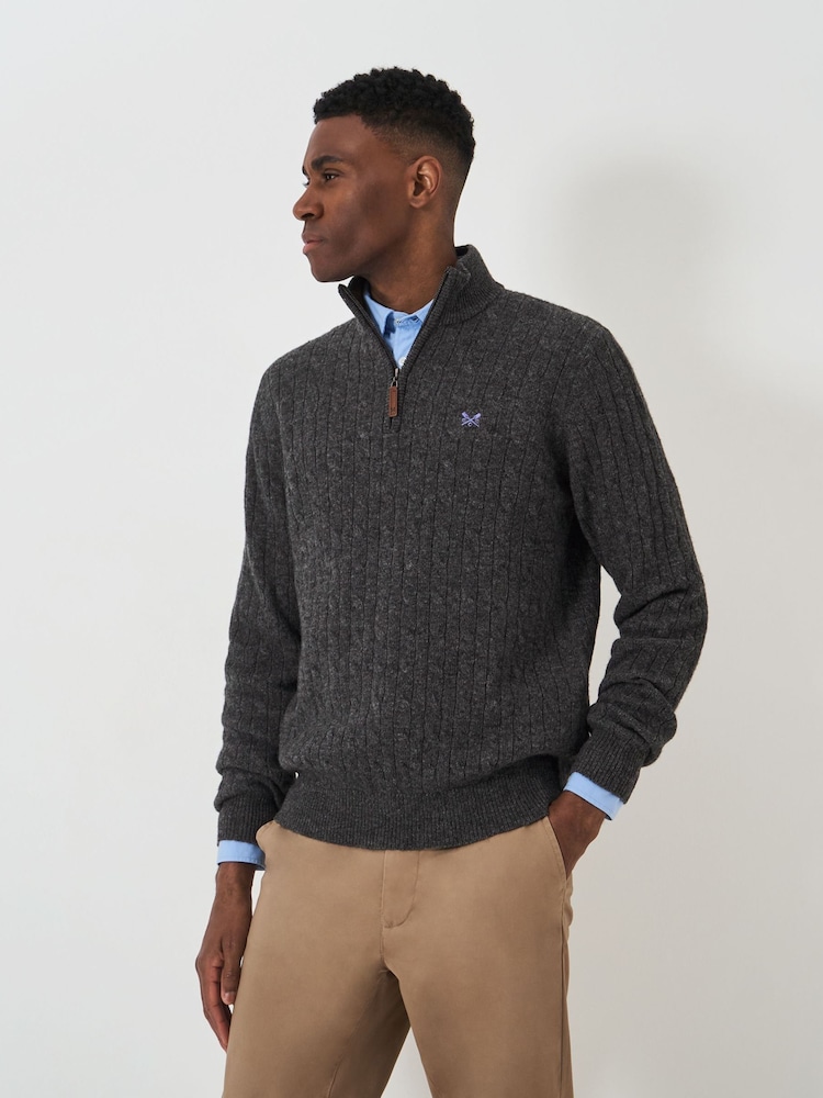 Crew Clothing Company Grey Lambswool Cable Quarter Zip Jumper - Image 1 of 5