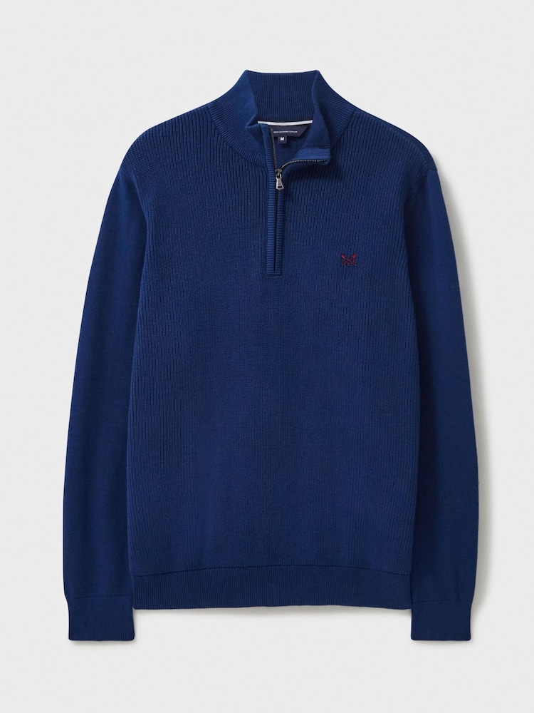 Crew Clothing Blue 100% Cotton Brioche Rib Half Zip Knit Jumper - Image 5 of 5