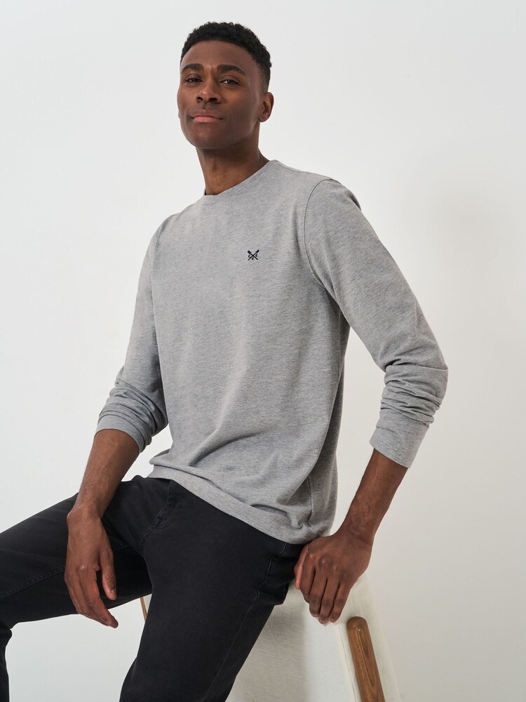 Crew Clothing Company Grey Plain Long Sleeve 100% Cotton T-Shirt - Image 1 of 5
