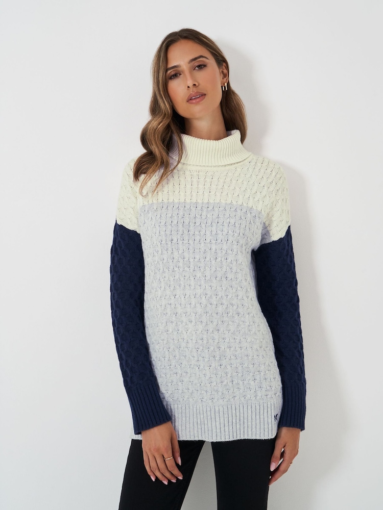 Crew Clothing Blue Grey Roll Neck Textured Jumper - Image 1 of 5