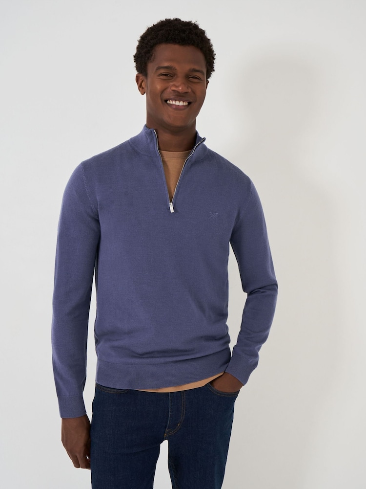 Синий - Crew Clothing Company Merino Quarter Zip Knit Jumper - Изображение 1 из 5