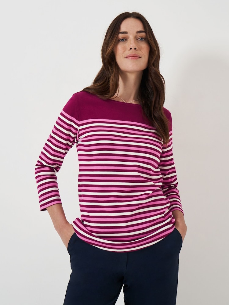 Pink - Crew Clothing Ultimate Breton Langarmshirt, gestreift, 100 % Baumwolle - Bild 1 von 5