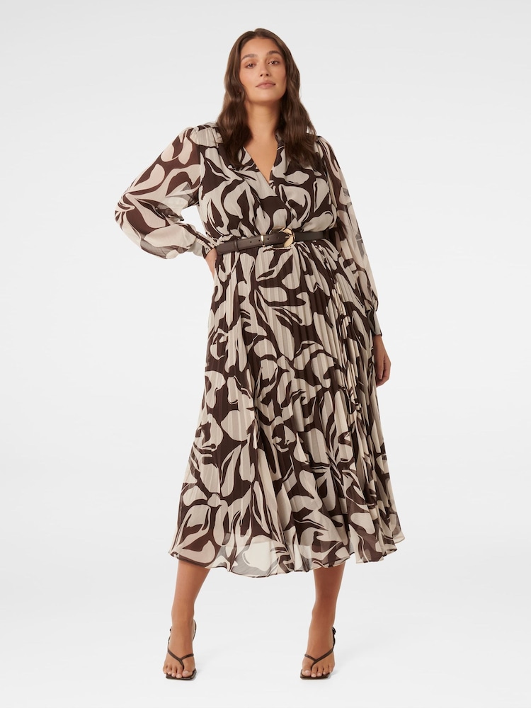 Forever New Brown Saskia Curve Pleated Wrap Midi Dress - Image 1 of 4