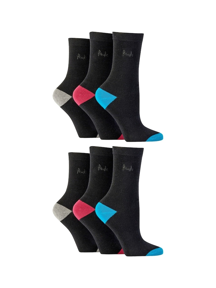 Pringle Black Cotton Crew Socks with Fashion Heels and Toes 6 pack - Image 1 of 9 Pringle Black Cotton Crew Socks with Fashion Heels and Toes 6 pack - Image 1 of 9
