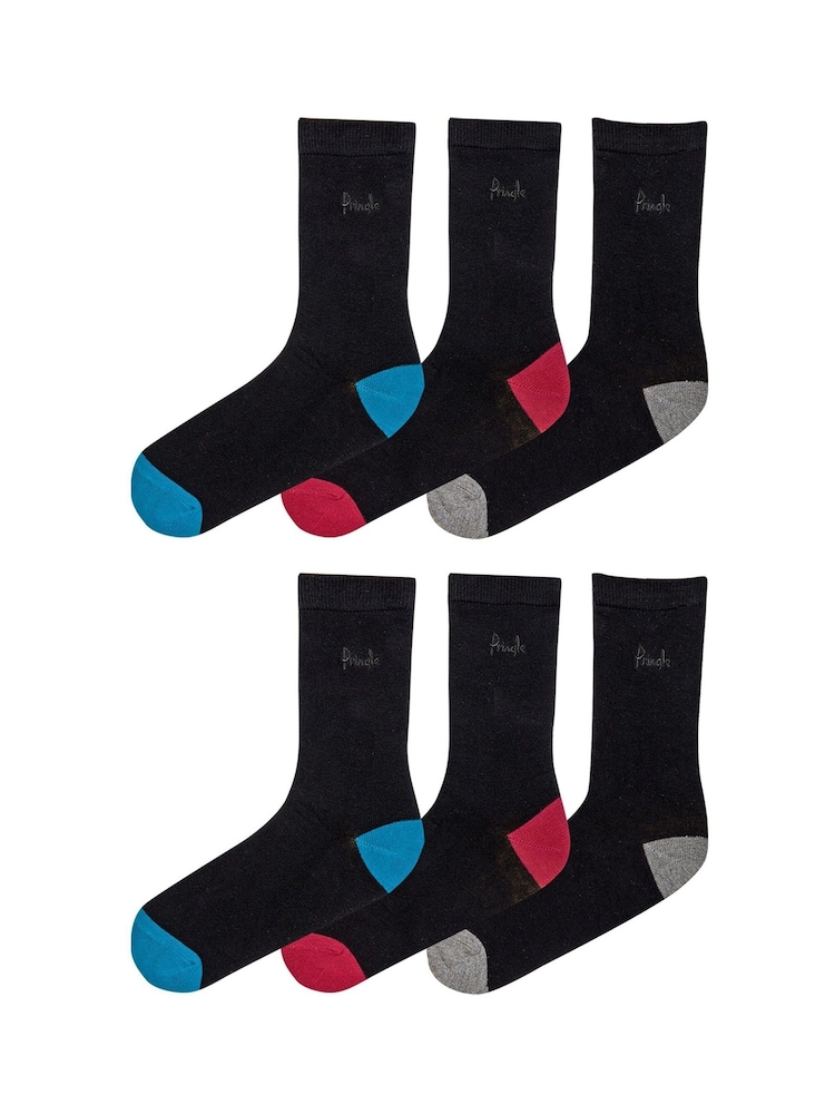 Pringle Black Cotton Crew Socks with Fashion Heels and Toes 6 pack - Image 2 of 9 Pringle Black Cotton Crew Socks with Fashion Heels and Toes 6 pack - Image 2 of 9