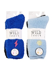 Wild Feet Blue Embroidered Cosy Lounge Socks 4 Pack - Image 8 of 13
