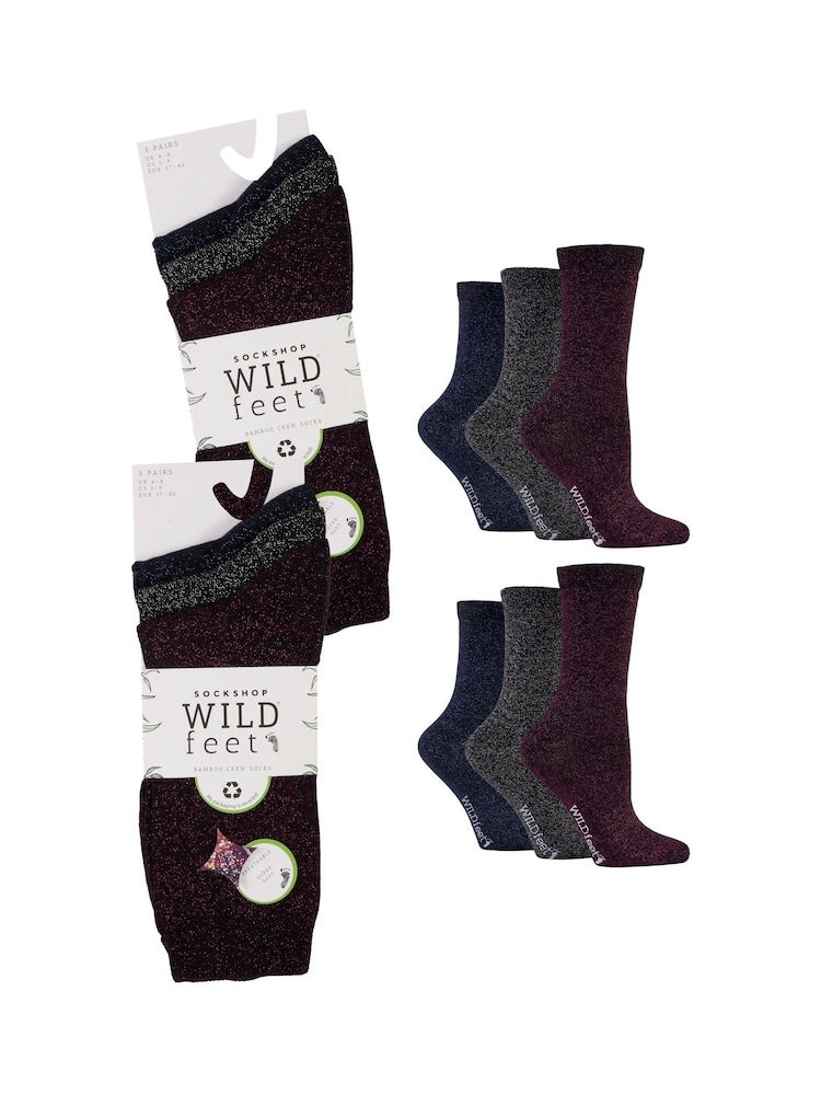 Wild Feet Black Sparkly Crew Socks 6 Pack - Image 2 of 7