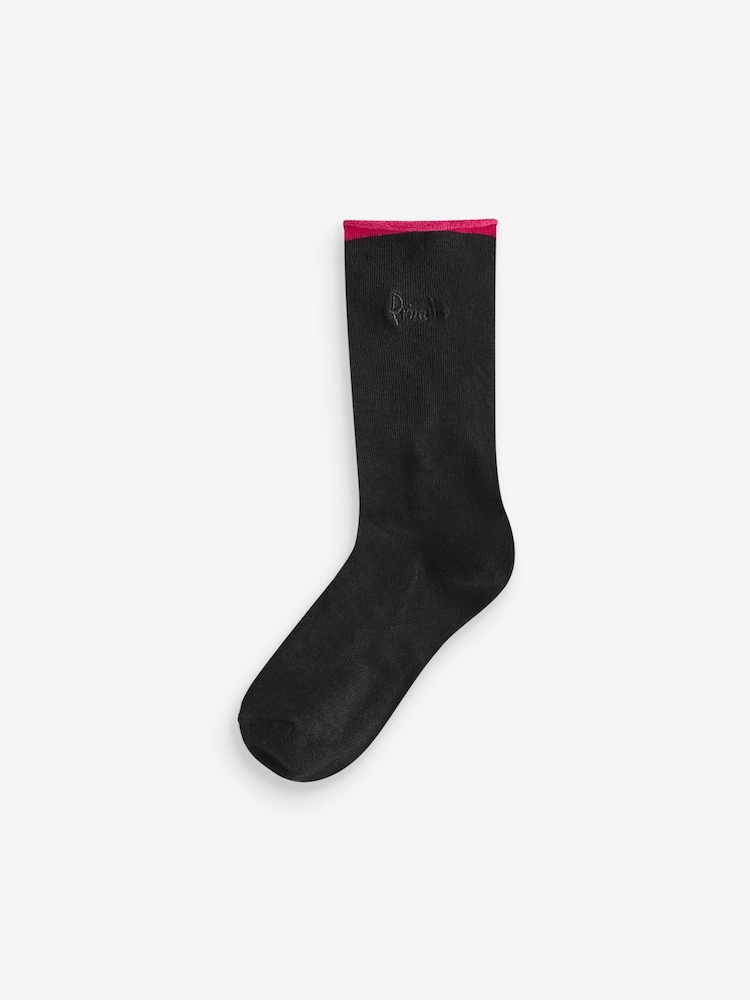 Pringle Black Cotton Crew Socks with Contrast Roll Top Welts - Image 2 of 7