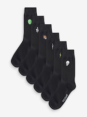 Wild Feet Black Embroidered Crew Socks 6 Pack - Image 1 of 7