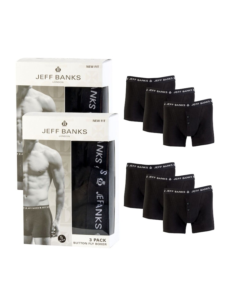 Jeff Banks Black Cotton Button Fly Boxers 3 Pack - Image 1 of 8