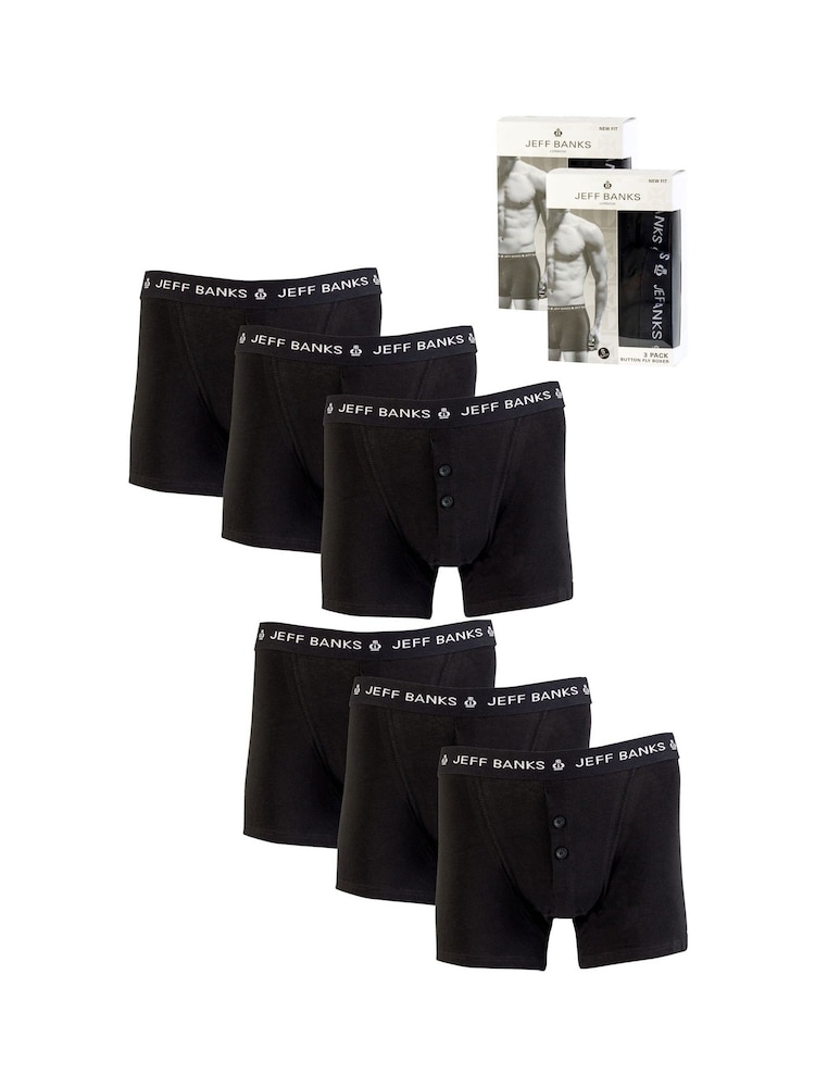 Jeff Banks Black Cotton Button Fly Boxers 3 Pack - Image 2 of 8