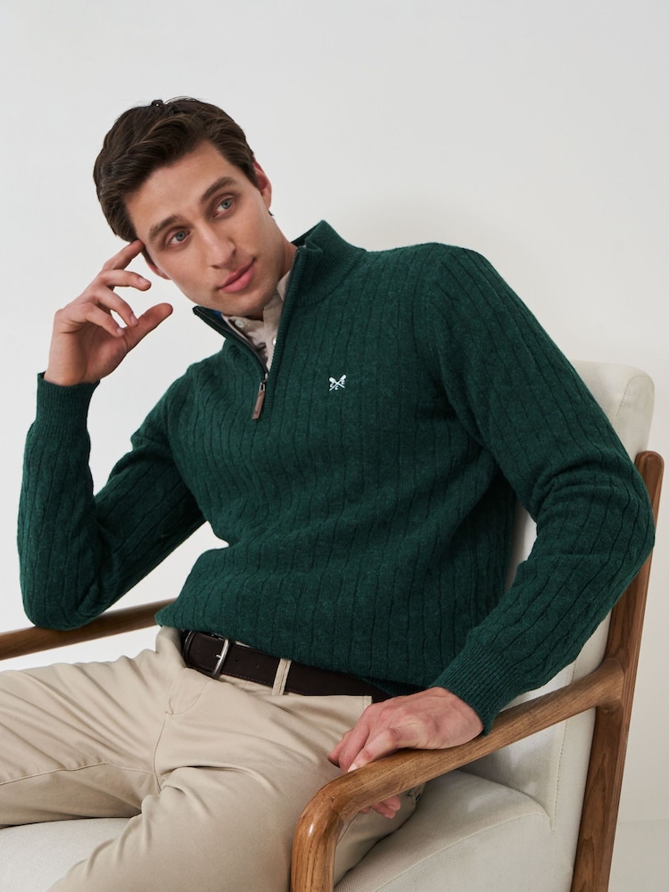 Crew Clothing Company Green Lambswool Cable Quarter Zip Jumper - Image 1 of 5