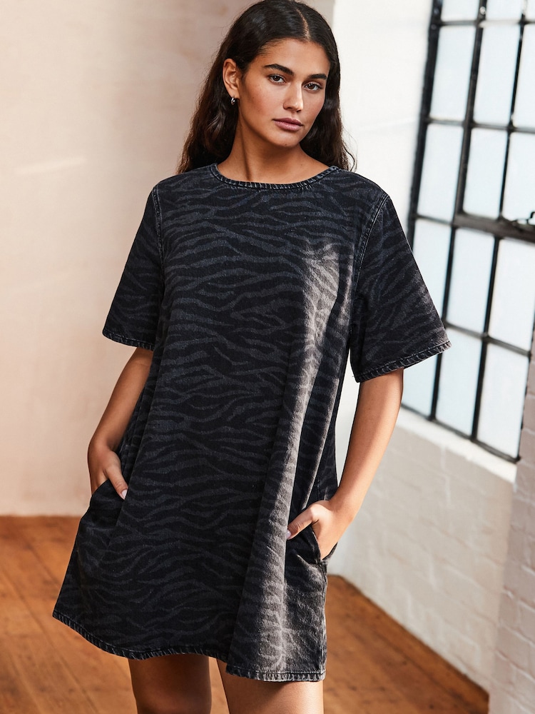 Zebra Print 100% Cotton Short Sleeve Denim T-Shirt Dress - Image 1 of 9