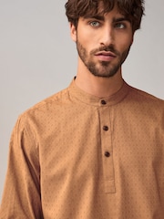Brown Textured Long Sleeve 100% Cotton Kurta - Image 1 of 8