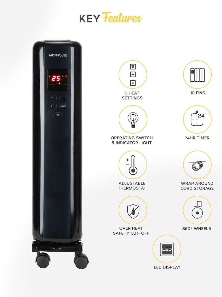 MONHOUSE Black 2500W Digital 10 fins Oil Filled Radiator with LED Display - Image 2 of 7