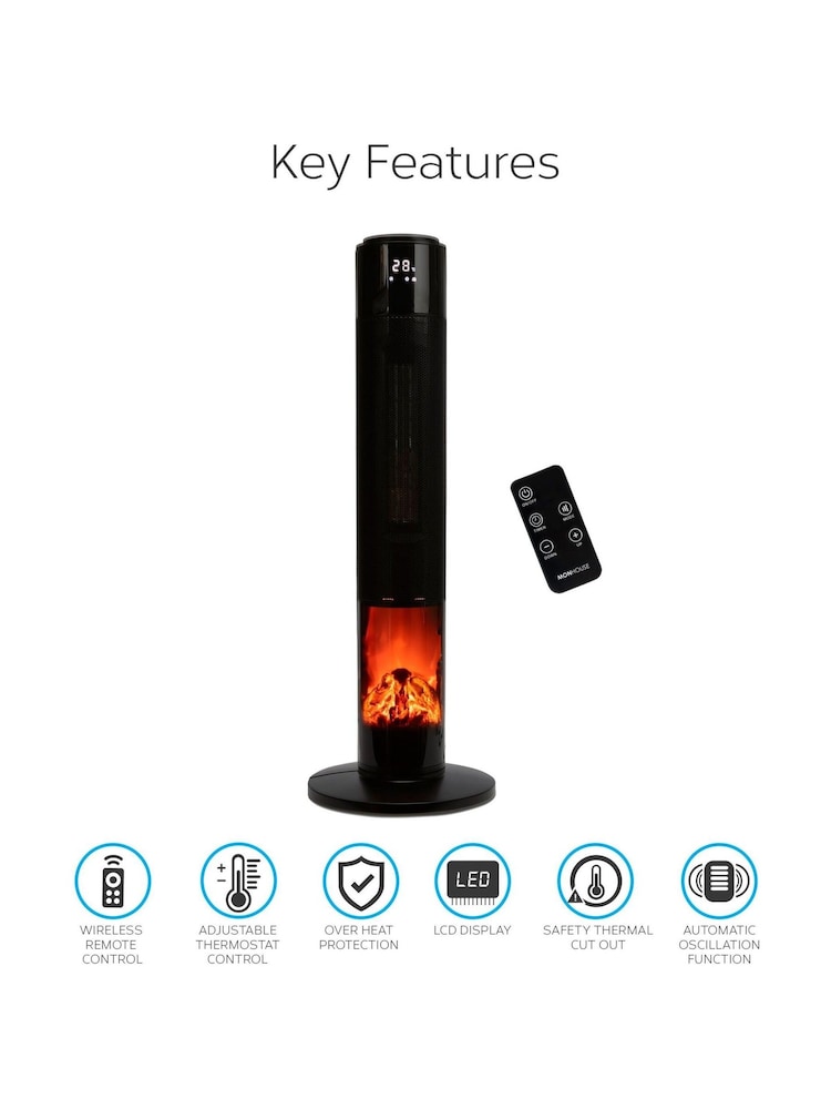 MONHOUSE Black Oscillating Tower Fan Heater with Fireplace - Image 2 of 7