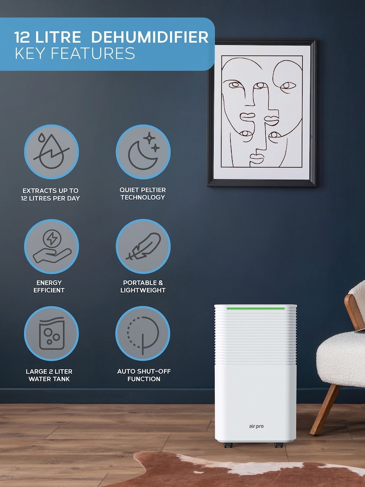 Air Pro White 12L Digital Dehumidifier with 2L Water Tank and Sleep Mode - Image 2 of 7