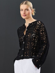 Black Smart Square Crochet Button Up Jacket - Image 1 of 7