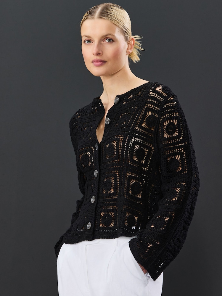 Black Smart Square Crochet Button Up Jacket - Image 1 of 7