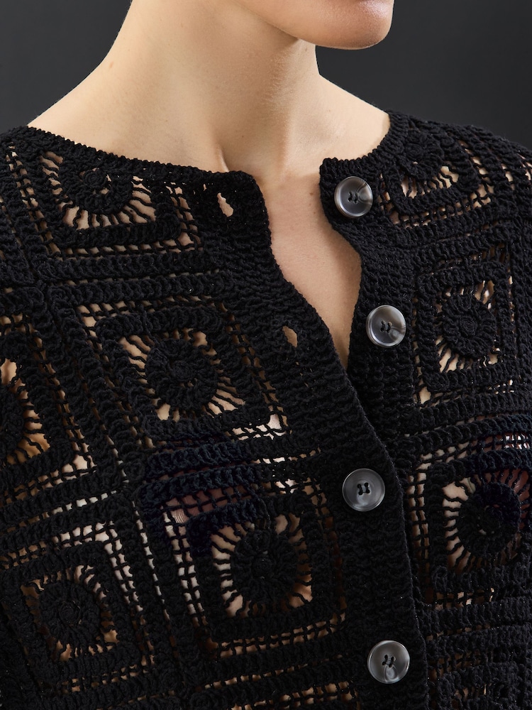 Black Smart Square Crochet Button Up Jacket - Image 2 of 7