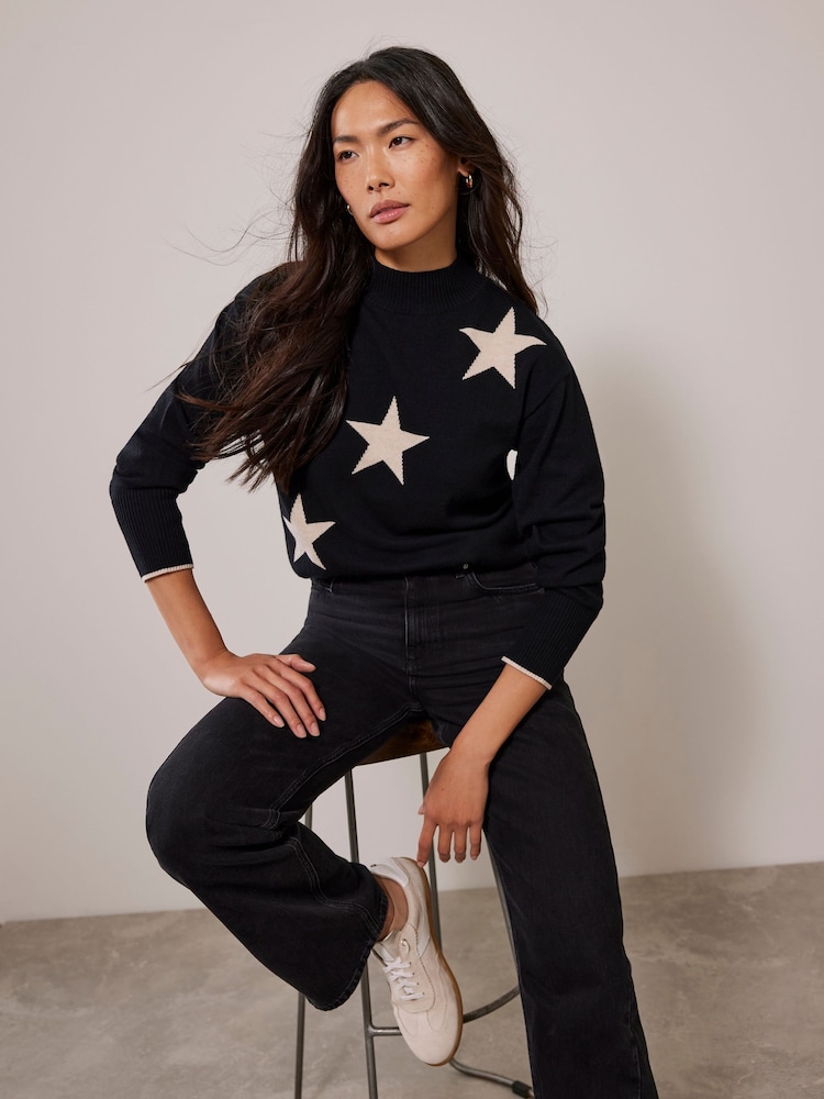 Mint Velvet Black Contrast Star Jumper - Image 1 of 4