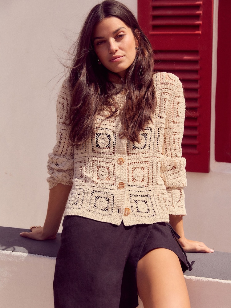 White Ecru Smart Square Crochet Button Up Jacket - Image 1 of 7