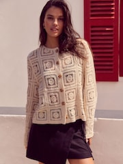 White Ecru Smart Square Crochet Button Up Jacket - Image 2 of 7