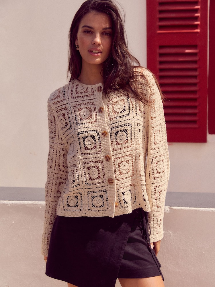 White Ecru Smart Square Crochet Button Up Jacket - Image 2 of 7