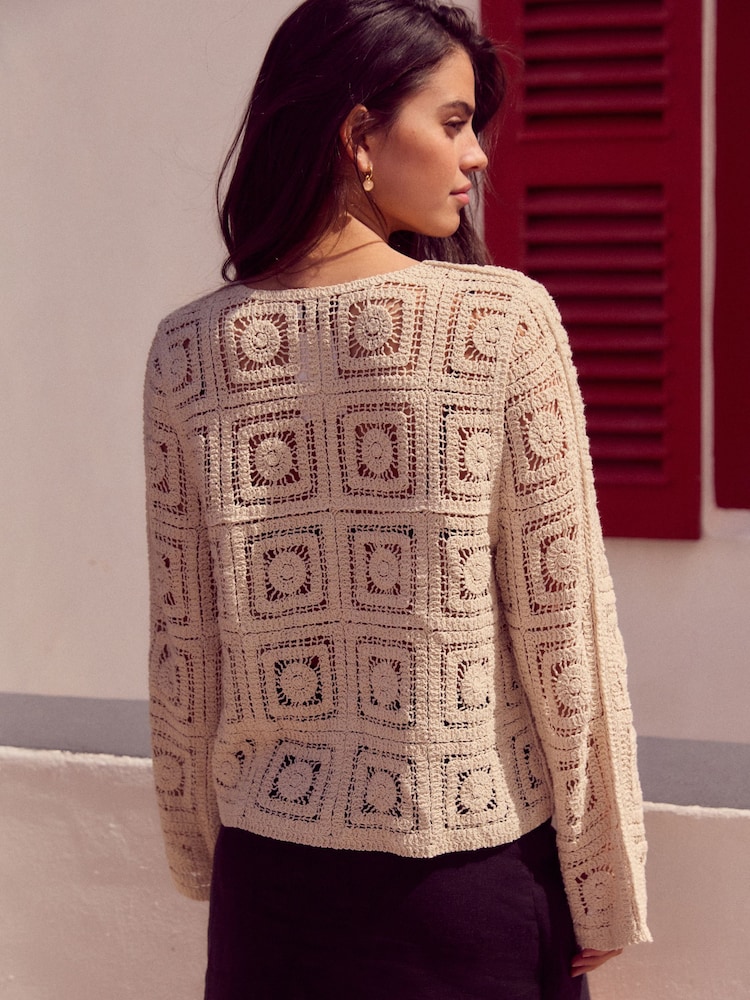 White Ecru Smart Square Crochet Button Up Jacket - Image 3 of 7