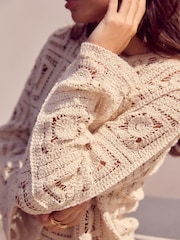 White Ecru Smart Square Crochet Button Up Jacket - Image 4 of 7