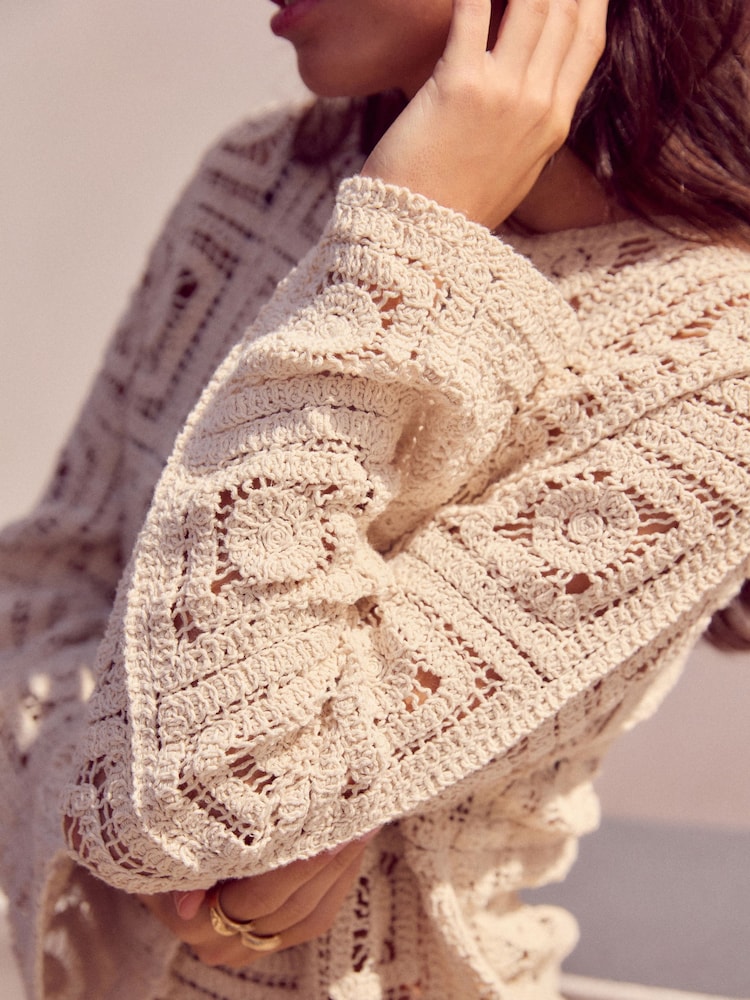 White Ecru Smart Square Crochet Button Up Jacket - Image 4 of 7