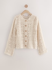 White Ecru Smart Square Crochet Button Up Jacket - Image 5 of 7