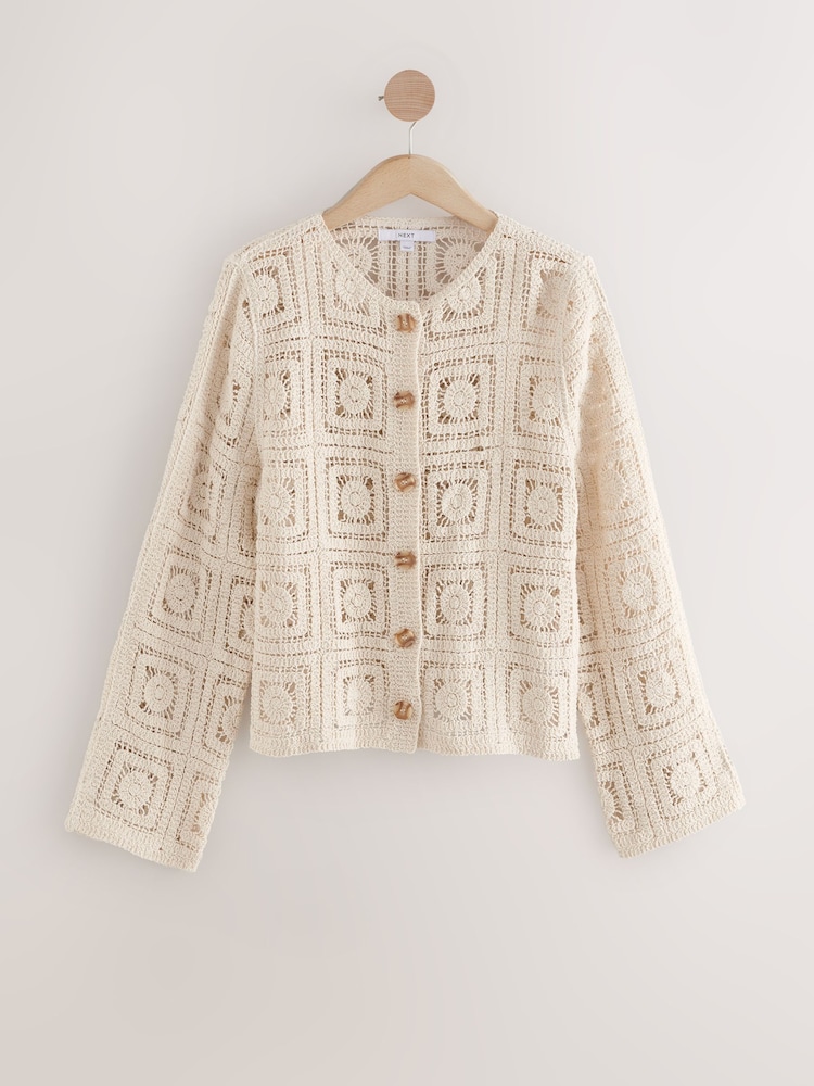 White Ecru Smart Square Crochet Button Up Jacket - Image 5 of 7