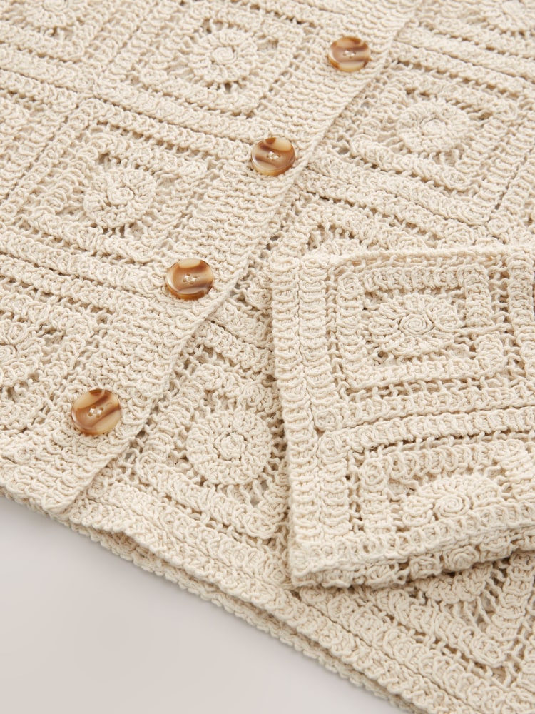 White Ecru Smart Square Crochet Button Up Jacket - Image 6 of 7