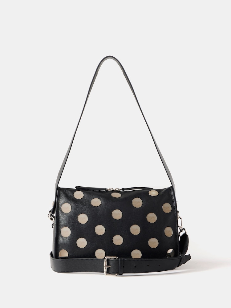 Mint Velvet Black Leather Studded 100% Cotton Bag - Image 1 of 2 Mint Velvet Black Leather Studded 100% Cotton Bag - Image 1 of 2