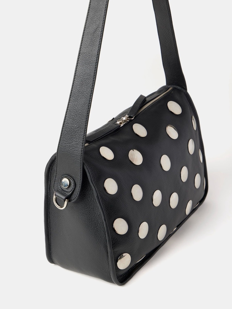 Mint Velvet Black Leather Studded 100% Cotton Bag - Image 2 of 2 Mint Velvet Black Leather Studded 100% Cotton Bag - Image 2 of 2
