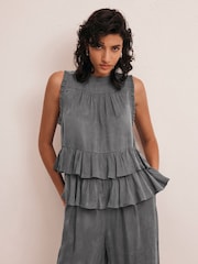 Mint Velvet Grey Sleeveless Ruffle Detail Top - Image 1 of 3
