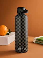 Black/Grey 500ml Stainless Steel Chequer Board Water Bottle - Image 1 of 2
