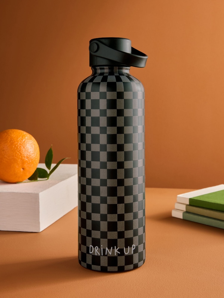 Black/Grey 500ml Stainless Steel Chequer Board Water Bottle - Image 1 of 2