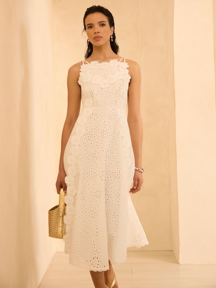 Mint Velvet White Cotton Floral Lace Midi Dress - Image 1 of 8