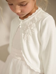 Ecru - Verzierte kurze Strickjacke für besondere Anlässe aus 100% Baumwolle (3-16 Jahre) - Bild 8 von 9